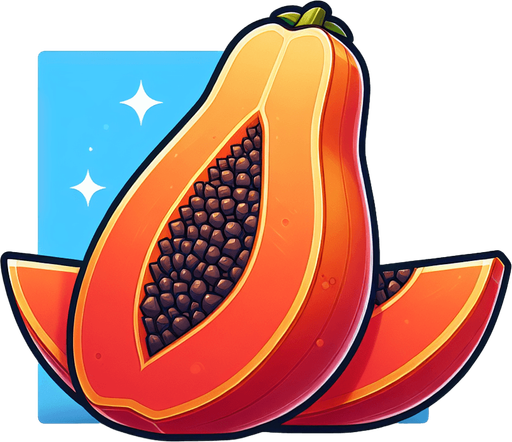 sliced fruit papaya with two slices 1one left and one right.
Single Game Texture.  In-Game asset.  2d.  Blank background.  High contrast.  No shadows