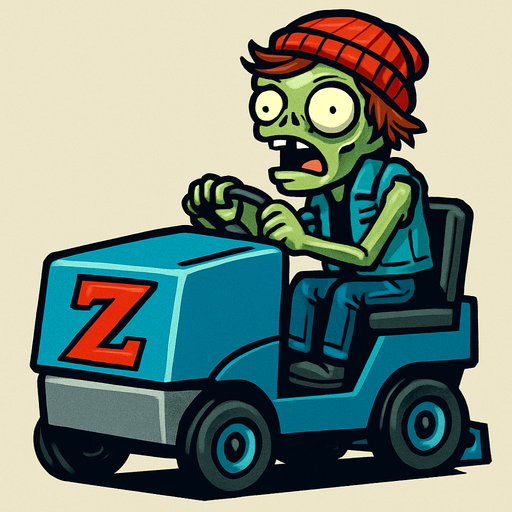 Un zombi con piel verdosa y pálida, cabello rojizo despeinado y un gorro de lana rojo. Viste un chaleco de mezclilla sin mangas sobre una camiseta negra y pantalones de mezclilla. Está sentado en un vehículo de mantenimiento de hielo azul y gris, similar a una Zamboni, con una gran "Z" roja en el frente. El vehículo tiene ruedas pequeñas y negras, y el Zomboni lo conduce con una expresión de asombro y determinación, con la boca abierta..
In-Game asset.  2d.  High contrast.  No shadows