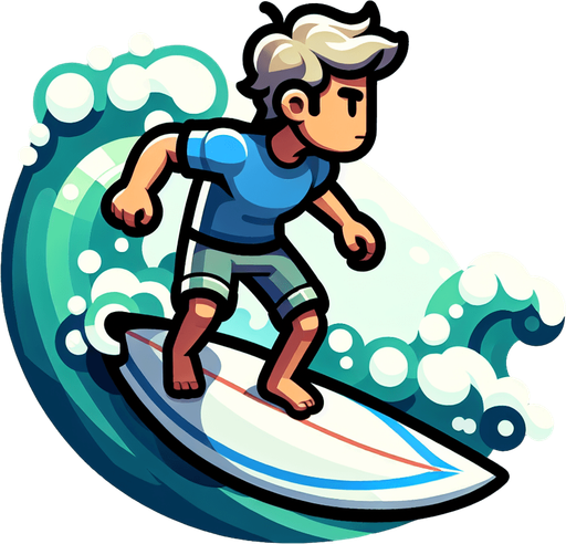 A surfer standing and riding on a surfboard. Side profile. Cartoon. Full body. 
Single Game Texture.  In-Game asset.  2d.  Blank background.  High contrast.  No shadows