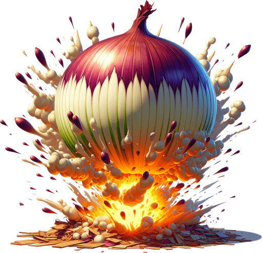 An onion exploding like a bomb.
Single Game Texture. In-Game asset. 2d. Blank background. High contrast. No shadows.
