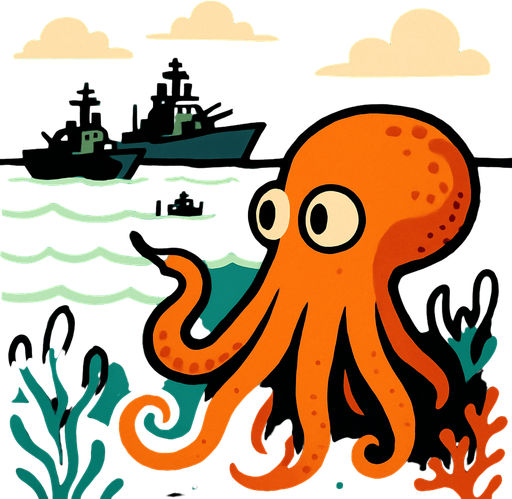 un pulpo naranja viendo que barcos de guerra vienen a atacar su hogar marino.
In-Game asset.  2d.  High contrast.  No shadows