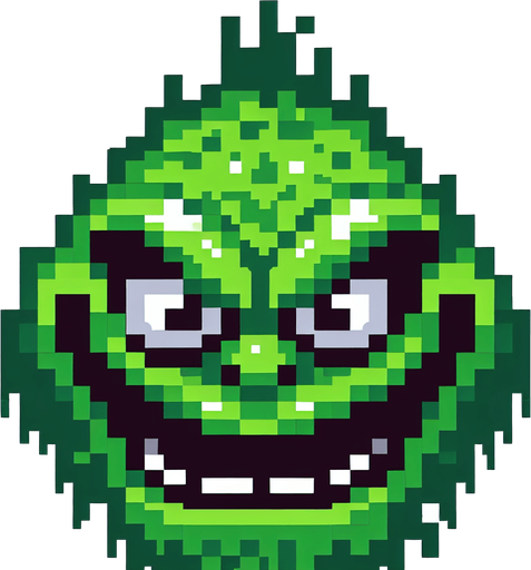 grinch. green monster. pixelart. only face. Single Game Texture. In-Game asset. 2d. Blank background. High contrast. No shadows.