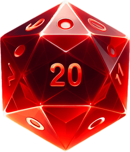 A 20 sided red die.
In-Game asset. 2d. Transparent background. High contrast. No shadows.