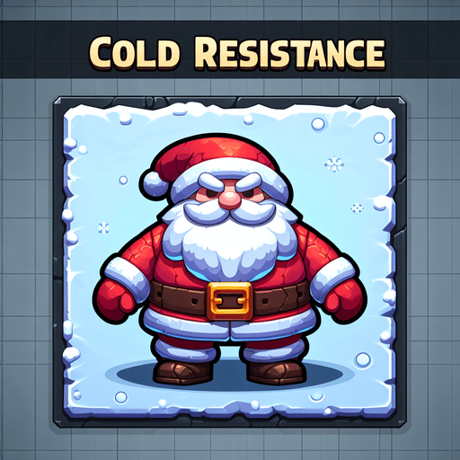 Icon for santas cold resistence, cartoon, with the text: „Cold Resistence“ at top Single Game Texture. In-Game asset. 2d. Blank background. High contrast. No shadows.