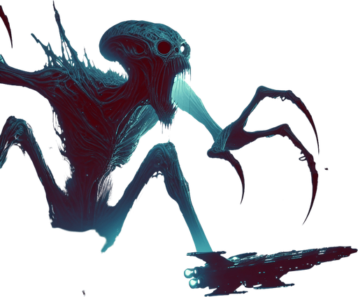 Draw a scary and grotesque alien, similar to the ones from the movie Alien, attacking a spaceship positioned at the bottom of the screen..
Single Game Texture. In-Game asset. 2d. Blank background. High contrast. No shadows.