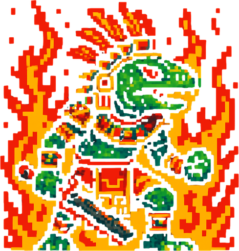 Generame un guerrero azteca con patrones, estilo pixelar, ademas sera una iguana humanoide, con efectos de fuego.
In-Game asset.  2d.  High contrast.  No shadows