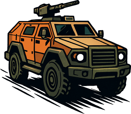 ZIRHLI ARAÇ ARKA SOL ÇAPRAZ ŞEKİLDE İLERLİYOR ÖNDEN GÖRÜNTÜ.
In-Game asset.  2d.  High contrast.  No shadows