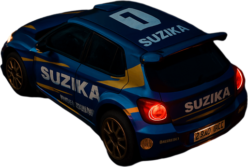 Photorealistic Suzuki Rallycar in nightlight, drone topview from back and 45 degrees angle in top right corner. Replace SUZUKI text to SUZIKA