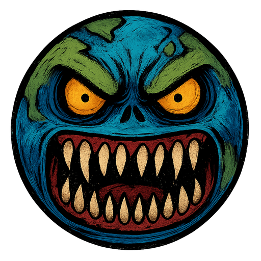 Super scary earth with sharp teeth.
Single Game Texture.  In-Game asset.  2d.  Blank background.  High contrast.  No shadows