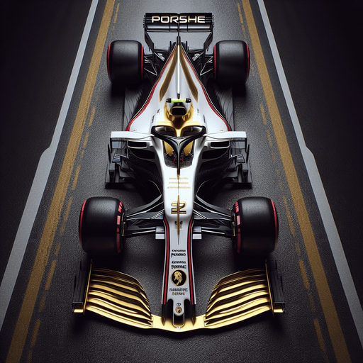 Photorealistic Porsche F1 race car, top view. 
Golden logo on car nose.
White body with black rear and front wing.
Very thick red lines on body from front wing to rear wing. 
Replace Porsche text to white coloured ,,Porshe" text on rear wing.