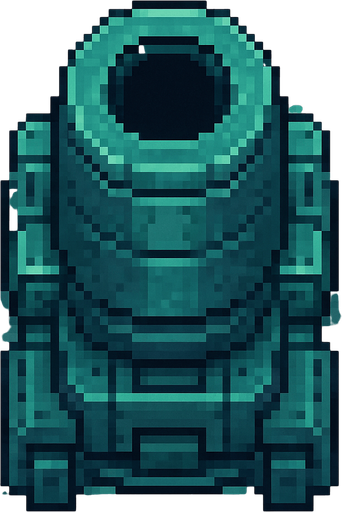 top down sci-fi fat barrel cannon, teal metal, pixel art