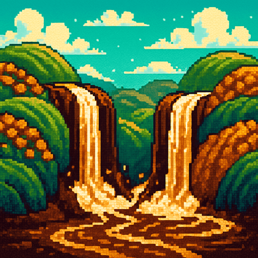 paisage con cascadas de cafe de pixeles.
In-Game asset.  2d.  High contrast.  No shadows
