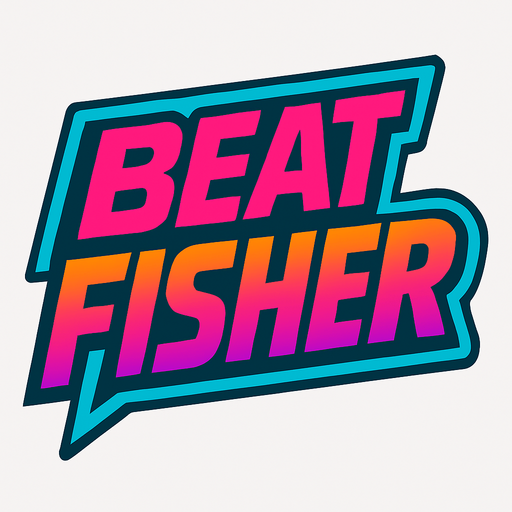 Game logo for the game ‘Beat Fisher’. High def 80’s color themed SVG of the word..
In-Game asset.  2d.  High contrast.  No shadows