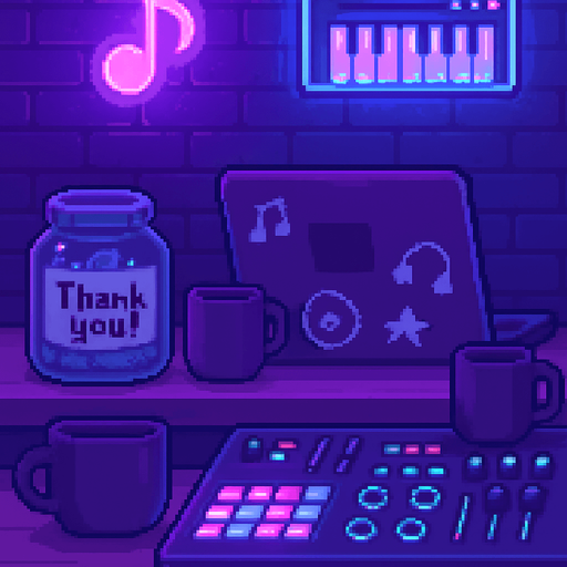 A 2048x2732 vertical pixel art background for a “Support Us” screen in a rhythm-based pixel art game. The scene continues the cozy neon-lit DJ room theme from the main menu, but zooms in slightly on the desk. A pixel-art tip jar labeled “Thank you!”, a laptop covered in music-themed stickers, coffee mugs, and glowing synth equipment are visible. Lighting remains dreamy and lo-fi with purples and soft blues. The mood feels warm, humble, and inviting. No characters or text — just the environment.. In-Game asset. 2d. High contrast. No shadows.
In-Game asset.  2d.  High contrast.  No shadows