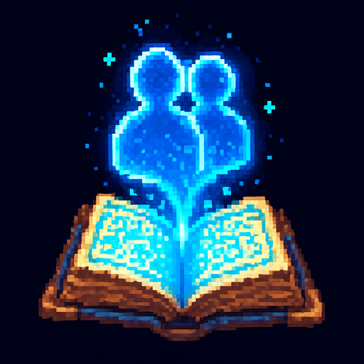 "2D pixel art of a glowing blue clone symbol emerging from an open magical book. The book is ancient, with worn leather covers and glowing runes on its pages. The clone symbol appears to float above the book, made of shimmering blue magical energy, slightly transparent and radiating light. The symbol has a mirrored silhouette or double shape to suggest duplication or cloning. The style is fantasy-themed, suitable for a magic RPG icon or visual effect. Lighting is soft but magical, with a focus on the glowing blue symbol. Classic 16-bit pixel art style. Transparent background.".
In-Game asset.  2d.  High contrast.  No shadows