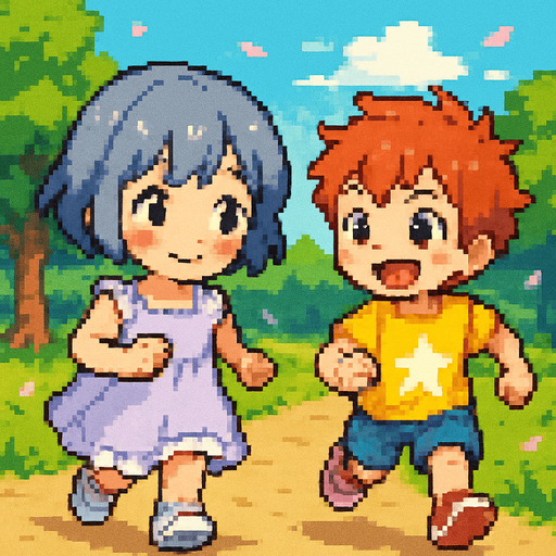 Yui y un niño anime, ambos de 5 o 6 años, corren por un parque soleado en una carrera infantil. Yui tiene el cabello corto, suave, azul grisáceo (HEX: #b0b9d8) y ojos negros. Lleva un vestido lavanda claro con volantes blancos y zapatillas blancas con detalles rosa pastel. Sonríe tímidamente con mejillas sonrojadas mientras corre con pasos pequeños.

El niño tiene cabello pelirrojo alborotado y ojos rojos intensos. Lleva una camiseta amarilla brillante con una estrella blanca, pantalones cortos azul claro y zapatillas rojas. Corre con energía, sonriendo ampliamente, mirando a Yui con entusiasmo.

La escena está en Pixel Art, con césped verde, árboles y pétalos flotando. Ambos se ven felices, reflejando un momento puro de infancia.