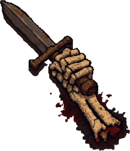 “Top-down 2D pixel art of a massive severed skeleton arm holding a giant sword. The bones are thick, cracked, and aged, with broken joints and shattered ends. The sword is still gripped tightly in the skeletal hand, rusted and chipped. Blood stains or dark magic aura may be present around the broken area. Designed as an environment object or game sprite for a dark fantasy pixel art game.”.
In-Game asset.  2d.  High contrast.  No shadows
