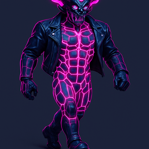 Black leather biker jacket longsleeves bare segmented neon cyberpunk pecs abs muscles robot monster hunk Neon cyberpunk 3d hologram corporate occult demon android mecha robot sentinel guard soldier machine monster fully in frame no part cut off no background anime futuristic Background removed, "Full-body character, entirely in frame, no cropping of face, head, or feet" "Complete character visible, from head to toe, fully centered in the image" "Entire character, including face and boots, fully within the frame" Character fully contained within a square frame, no edges cut off  horns through boots Walking animation forward