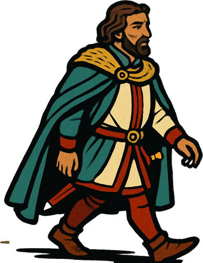 bir orta çağ şehrinin soylu dükü görünümünde yap orta yaşlarda sağdan solda yürür gibi.
In-Game asset.  2d.  High contrast.  No shadows