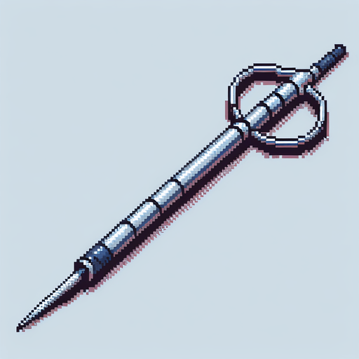 pixelart. a javelin used for olympic games and athletics. Just the spear itself, horizontally laid out in the image. It should be a slim metal spear, pointy in both ends, and with a grip somewhere off center of the shaft..
Single Game Texture. In-Game asset. 2d. Blank background. High contrast. No shadows.