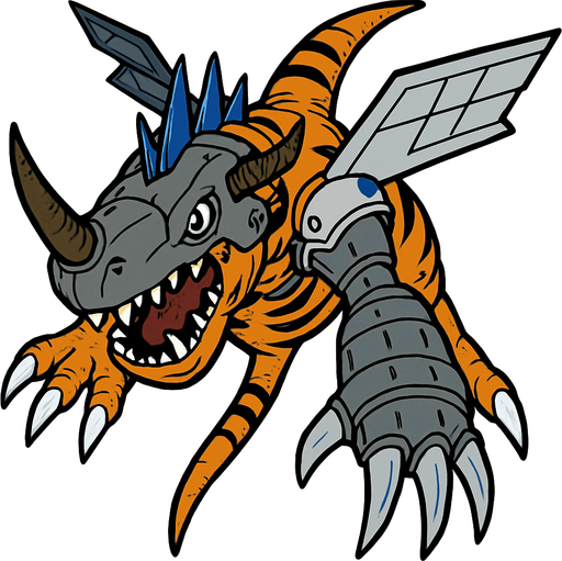 Metalgreymon, visto desde arriba, detalles altos, sin errores debe ser identico.
In-Game asset.  2d.  High contrast.  No shadows