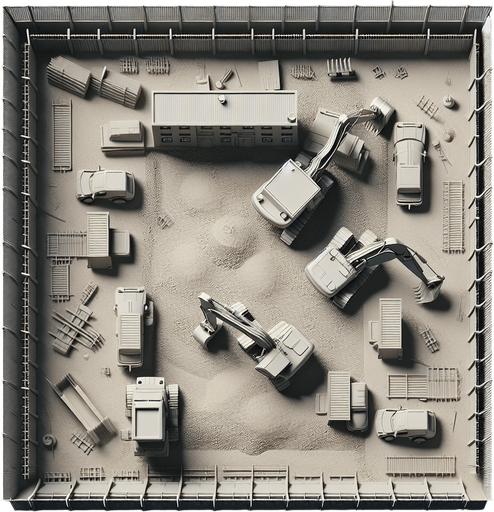 A small Constrution Yard. 
No people, No buidings, just 2-3 construction machinery with a fence.
No perspective, Directly from above