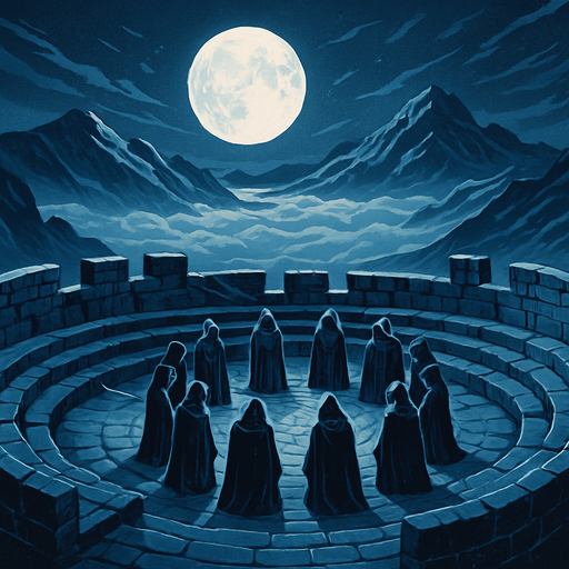 A mountaintop stone amphitheater under a glowing full moon, robed figures in a ritual circle, icy wind sweeping, high above the clouds, solemn medieval council scene, realistic.
In-Game asset.  2d.  High contrast.  No shadows