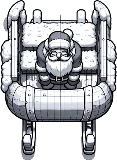 Santas sled, with santa in it Single Game Texture. In-Game asset. 2d. Blank background. High contrast. No shadows. Top down view