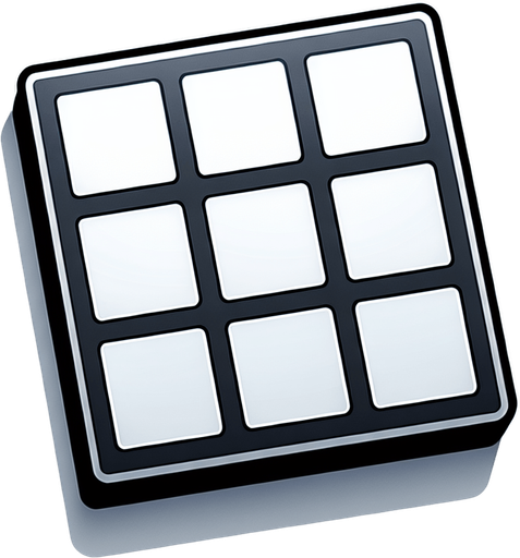 A white square with 9 smaller white squares grid aligned inside of it, like a sort of a menu item for a game interface..
Single Game Texture. In-Game asset. 2d. Blank background. High contrast. No shadows.