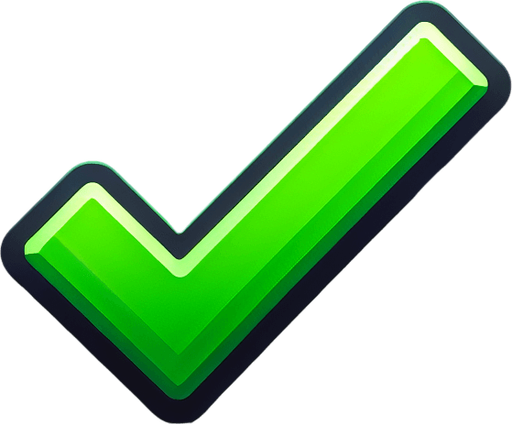 A green check mark on a dark background.
Single Game Texture. In-Game asset. 2d. Blank background. High contrast. No shadows.