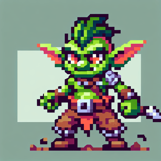 2d pixel goblin.
Single Game Texture. In-Game asset. 2d. Blank background. High contrast. No shadows.