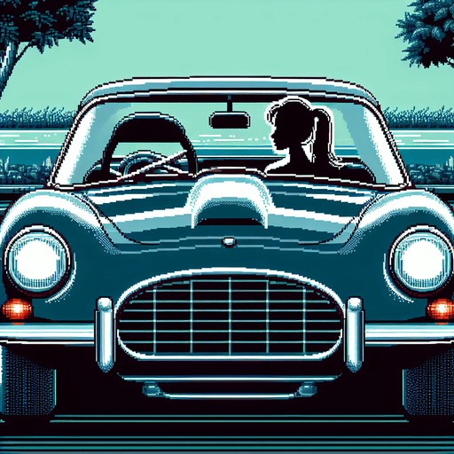 front of a car with a silouhete of a driver.
video game style