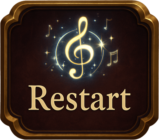 Design a stylish "Restart" button for a fantasy-themed tower defense game called Symphony Siege. The button should look like a polished UI element with a musical theme, fitting the visual style of a haunted concert hall.

Shape: rounded rectangle or ornate frame, with golden or bronze edges and a subtle wood or velvet texture background.

Icon: a circular restart arrow symbol (⟳ or similar), stylized like a treble clef or musical motif, glowing softly in white, gold, or blue.

Optional details: faint floating music notes, light reflections, or sparkles around the icon to suggest magical energy.

Text (optional): include the word "Restart" in elegant serif font, or leave it icon-only.

Make sure the design is readable at small sizes and fits with the existing UI style (clean, magical, classical). No clutter, no background image — just the button asset..
In-Game asset.  2d.  High contrast.  No shadows
