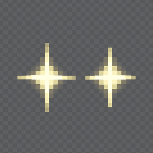 High-quality 2D pixel art of two small sparkle effects side by side with a small gap between them. Each sparkle is star-shaped or cross-shaped, emitting a soft glow in white or pale yellow tones. The sparkles are symmetrical and minimal, designed for UI highlights, magical effects, or item glimmers. The pixel art style is clean and detailed, in 16-bit fantasy aesthetic. Transparent background.".
In-Game asset.  2d.  High contrast.  No shadows