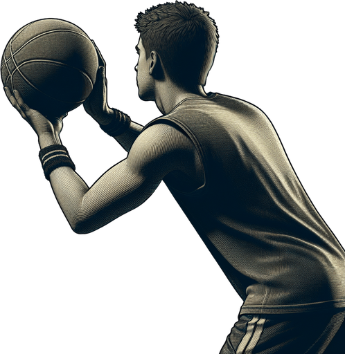 一个穿运动服正在准备投篮的青年，正背对.
Single Game Texture. In-Game asset. 2d. Blank background. High contrast. No shadows.