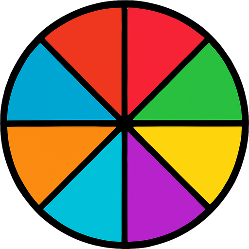 Una ruleta, dividida en 8 partes, cada parte separada por una linea negra y cada parte rellena con un color brillante atractivo, sin fondo, sin flecha apuntando al resultado.
In-Game asset.  2d.  High contrast.  No shadows