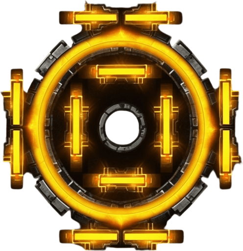 Dark circular power up with three bright yellow arrows pointing upwards.
Game Texture. In-Game asset. 2d. Pixelart. White background. Blank background. Low detail. High contrast.