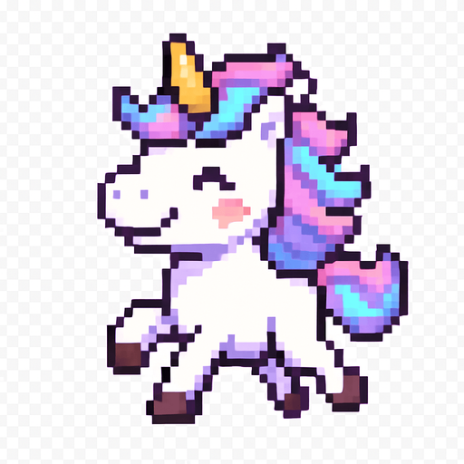El unicornio debe ser un personaje adorable y colorido en estilo pixel art, con cuerpo erguido sobre dos patas traseras como si caminara o corriera, crin y cola multicolor en tonos pastel (rosa, celeste, violeta), cuerno dorado o brillante en la frente, y una expresión alegre o soñadora en su rostro; su cuerpo debe ser blanco o lavanda claro, con detalles simples como cascos marcados y orejitas visibles, y su animación puede incluir un suave rebote o movimiento de la crin al desplazarse; el estilo debe ser caricaturesco y alegre, con fondo transparente y un diseño encantador que encaje bien en un juego mágico, infantil o casual..
In-Game asset.  2d.  High contrast.  No shadows