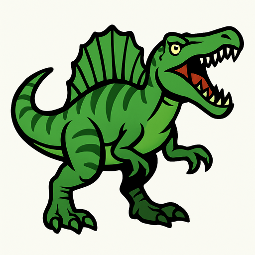 Spinosaurus, yeşil, ağzı açık.
In-Game asset.  2d.  High contrast.  No shadows