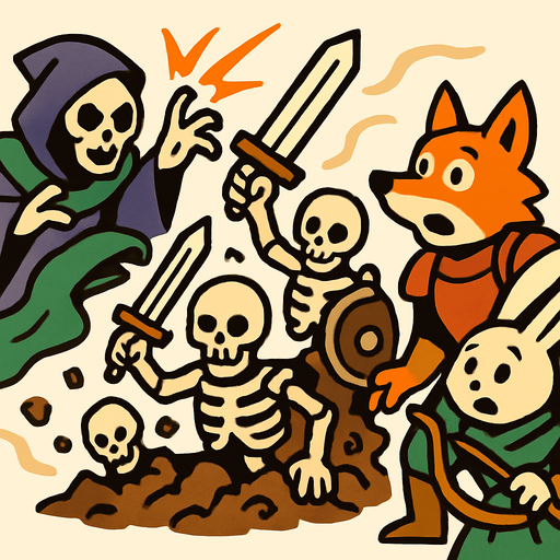 esqueletos guerreros que salen de la tierra por un brujo, miesntras un ballero zorro y un conejo arquero miran asombrado.
In-Game asset.  2d.  High contrast.  No shadows