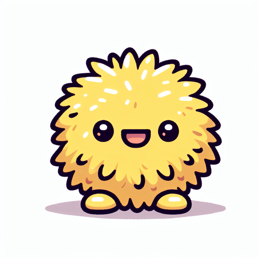 a yellow furry cuddly ball of fur. little feet. No ears. cute happy face. Cartoon style. Cute art style. Simple vector style. Pastel colors, flat shaded, vector art. Single Game Texture. In-Game asset. 2d. Blank background. High contrast. No shadows