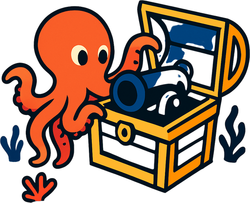 un pulpo naranja abriendo un cofre del tesoro donde encuentra en el fondo marino dentro de ese cofre un cañon nergro donde.
In-Game asset.  2d.  High contrast.  No shadows