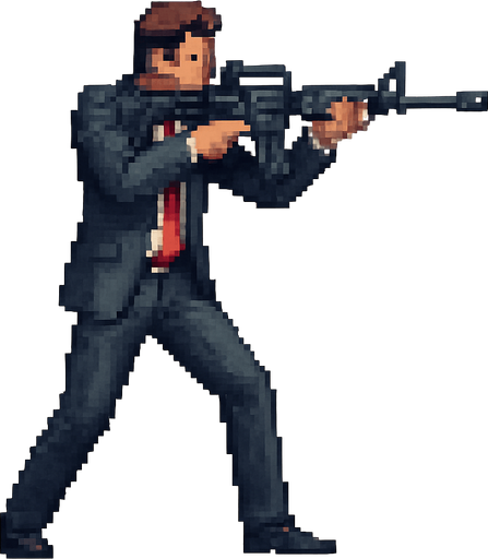 un hombre de traje hecho con pixeles de cuerpo completo apuntando con un  rifle de asalto m4