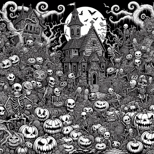 Generate a high quality cartoon background Halloween image on a black canvas similar to the format of where is waldo with a hellish environment.
Single Game Texture. In-Game asset. 2d. Blank background. High contrast. No shadows.