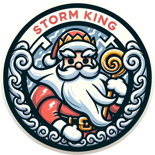 Icon for a santa as a storm king on a circle, with the text „Storm King“ at top, cartoon, christmas style Single Game Texture. In-Game asset. 2d. Blank background. High contrast. No shadows.