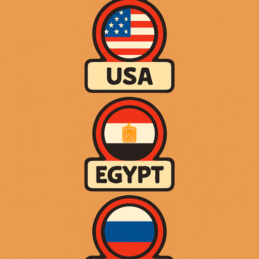 A flat, 2D game UI-style asset showing a vertical set of three country pins labeled: "USA", "Egypt", and "Russia". Each pin includes a circular flag icon above the text label. The layout is columnar, cartoonish, and visually clean. Each pin should be exportable or usable individually for a mobile game's level selection screen..
In-Game asset.  2d.  High contrast.  No shadows
