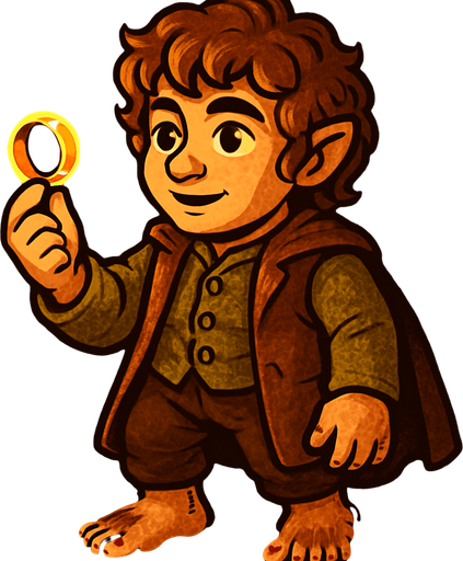 A stylized full-body illustration of a small hobbit holding a glowing ring in one hand, viewed from a 45-degree angle. The hobbit has curly hair, bare feet, and wears rustic, earth-toned clothing with detailed textures. The scene has warm, soft lighting emphasizing the character’s expressive face and the shining ring. The art style is cartoonish with rich colors, smooth shading, and a fantasy atmosphere..
In-Game asset.  2d.  High contrast.  No shadows