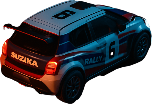 Photorealistic Suzuki Rallycar in nightlight, drone topview from back and 45 degrees angle in top right corner. Replace SUZUKI text to SUZIKA
