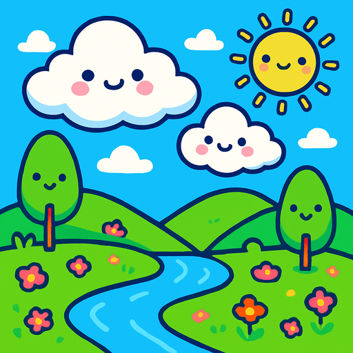 crea un paisaje kawai.
In-Game asset.  2d.  High contrast.  No shadows