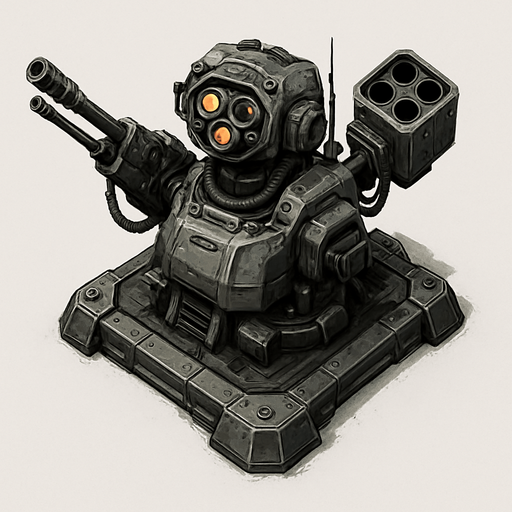 Namusu olmayan Teknolojik askeri saldırı kulesi, üstten görünüm, gerçekçi, yazısız.
In-Game asset.  High contrast.  No shadows